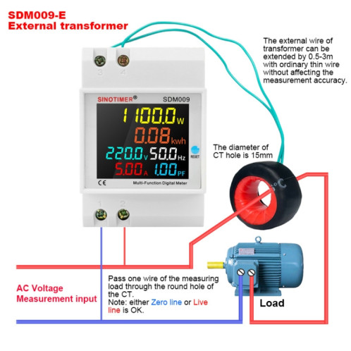 SINOTIMER SDM009 Compteur multifonctionnel sur rail Din monophasé, tension, courant, fréquence, facteur de puissance, électricité, modèle : AC250-450V externe SS0004818-09